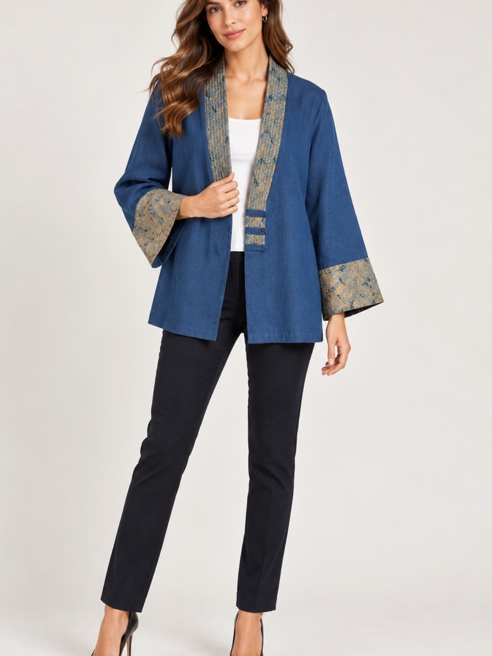 Zara Navy Blue Kimono-Style denim Jacket with Brocade Trim size Small
